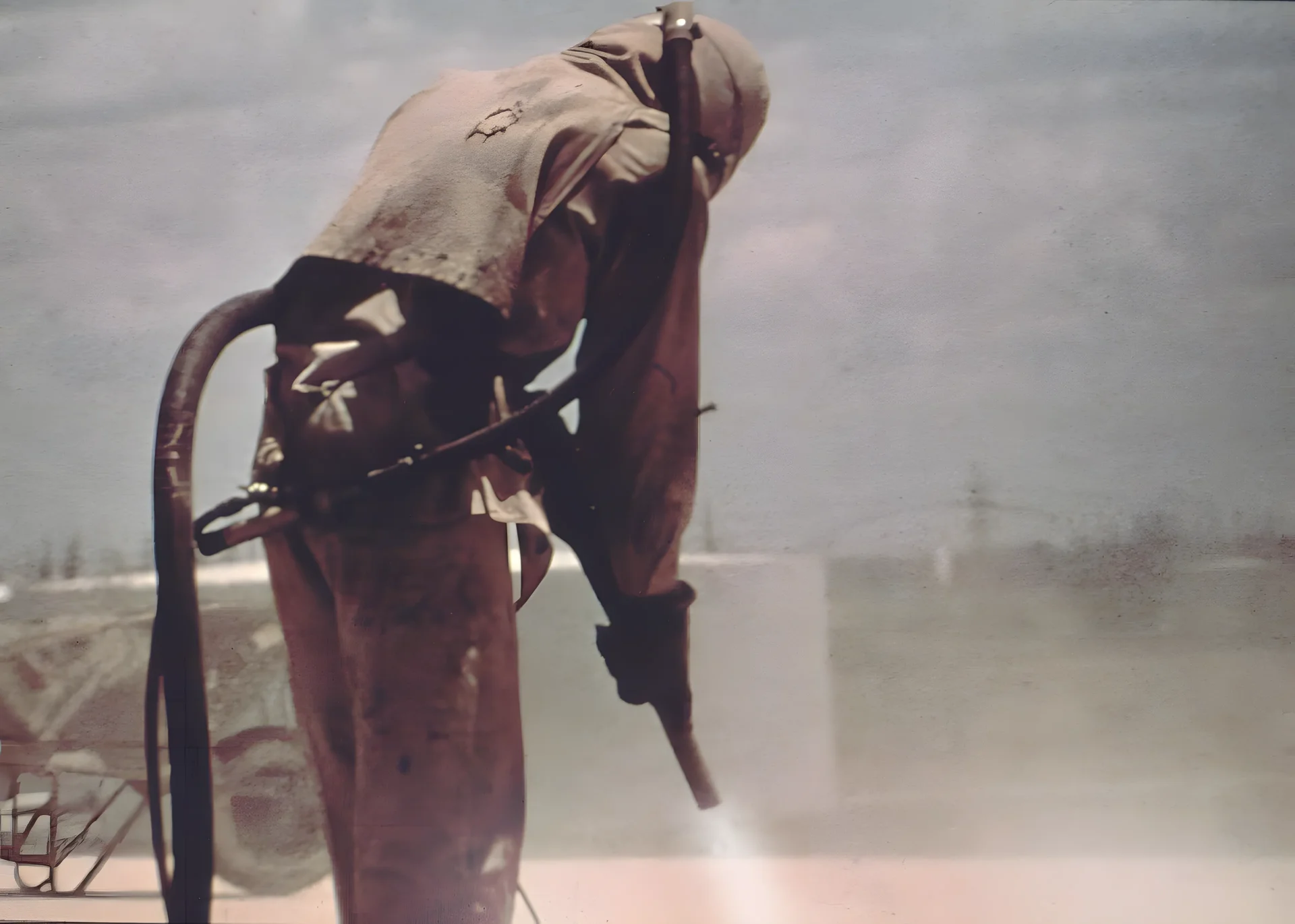Operator in a blast hood abrasive blasting a steel surface