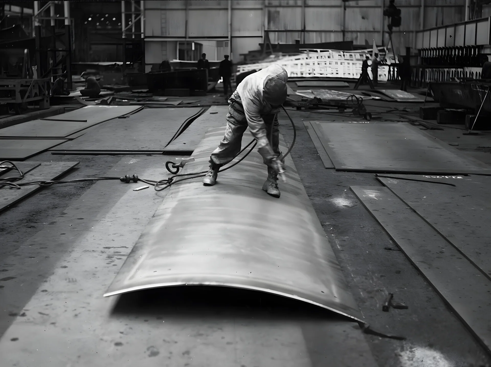 Large curved steel plate being prepared in an industrial workshop